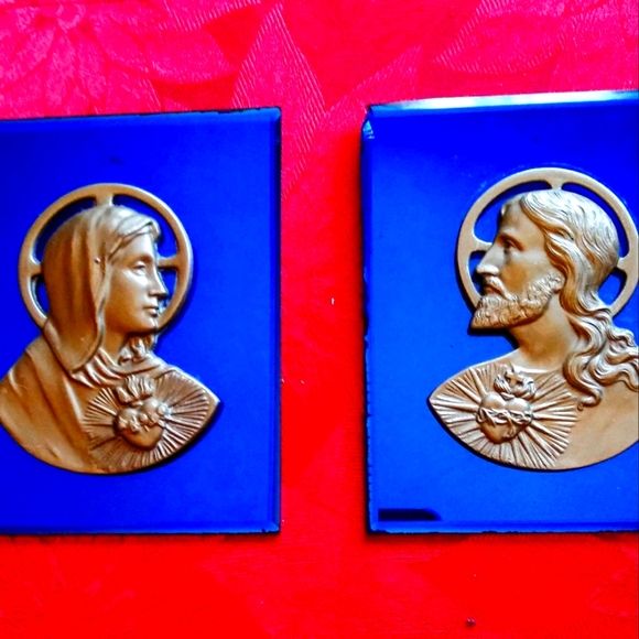 PR ANTIQUE Blue Mirror Religious Plaques - Picture 1 of 5